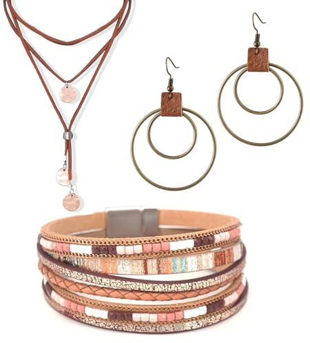 JDRGJTH 3PCS Western Jewelry for Women - Bohemian Layered Leather Necklace Dangle Drop Earrings Faux Leather Bracelet, Boho Cowgirl Accessories for Rodeo & Party