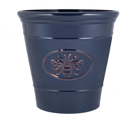 Round Plastic Bee Embossed Plant Pots, Saucers Long Lasting Flower Garden Indoor Outdoor Drainage Holes Planter Cover Weather, Frost Proof Glossy Effect (30cm Blue Planter)