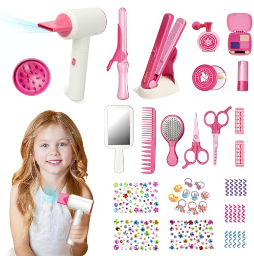 RedCrab Hair Salon Toys for Girls, 45PCS Salon Hair Stylist Pretend Makeup Kit with Hair Dryer,Comb,Bling Hair Jewels, Pretend Hair Styling Set for Girls 3-8 Years Birthday