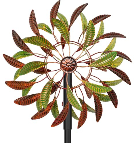Metal Garden Wind Spinners Outdoor, 360 Degrees Kinetic Yard Windmills Garden Decor for Outside, Wind Sculptures & Spinners for Lawn Patio Ornaments(Brown+Green)