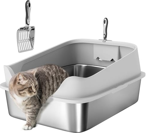 PawHut Arenero para Gatos de Acero Inoxidable XXL, Caja de Arena para Gatos, Arenero con Borde Alto, Pala Metálica, Fácil de Limpiar, Prueba de Fugas, 69,8x50,3x29,8 cm, Gris
