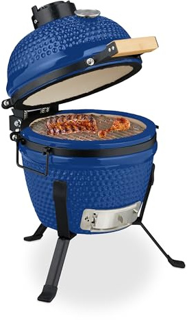 Relaxdays Kamado Barbecue, Ø 26 cm, Ceramic BBQ Grill, with Thermometer up to 450°C, Outdoor Cooking, Smoker, Egg Shape