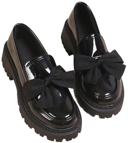 Mocasines de piel con forro de lana para mujer, suela gruesa, suaves, cálidos, sin cordones, tacón grueso, mocasines de tacón grueso, vestido de negocios, trabajo, Lazo negro, 35.5 EU