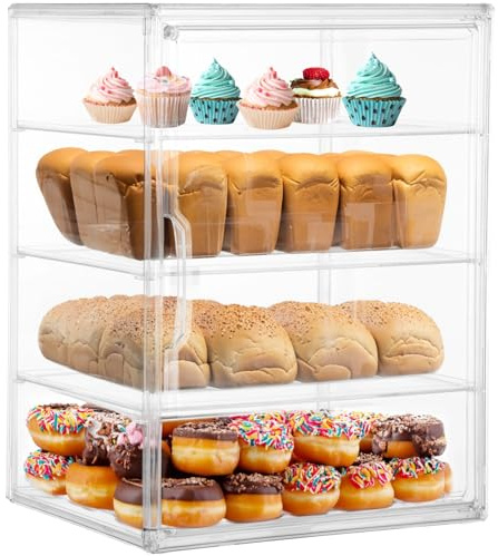 Skdqiee Pastry Display Case, 4-Layer Clear Bread Box with Adsorbent Door, Large Adjustable Bread Storage, Bakery Storage Container for Kitchen Countertop, Pastry Display Box