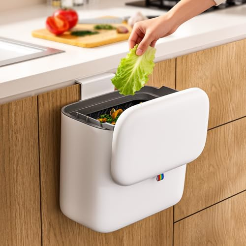 MOPUP Komposteimer für Küche, 6.8 l Mülleimer, Arbeitsplatte oder unter der Spüle, hängender Kleiner Mülleimer mit Deckel für Badezimmer/Schlafzimmer,Komposteimer für den Innenbereich (weiß)