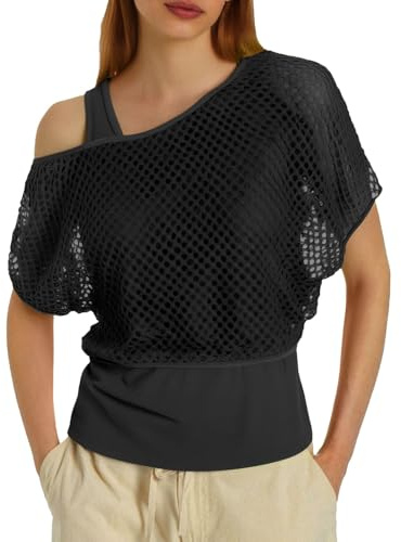 Générique 2026 T-Shirt en résille néon pour Femmes des années 80, Haut à épaules dénudées