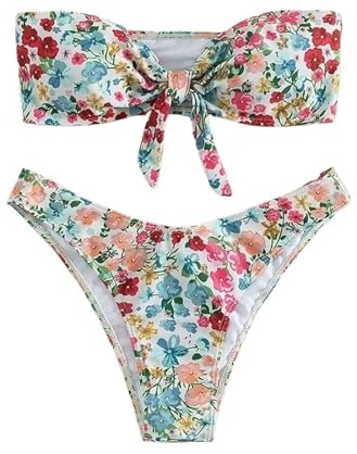 Blommigt Bandeau Bikini Off Shoulder Push Up Baddräkt Dambikini Knut Badkläder Sexiga Sommarstrandkläder(S)