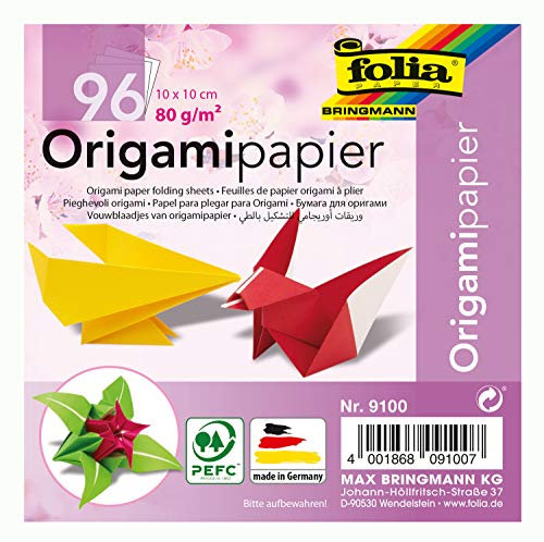 folia 9100 - Faltblätter Origami 10 x 10 cm, 80 g/qm, 96 Blatt, sortiert in 12 verschiedenen Farben - ideal zum Papierfalten und für andere kreative Bastelarbeiten