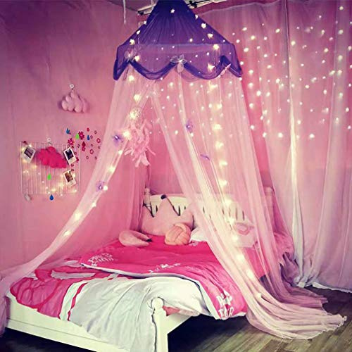Nattey Toldo de Cama con Luces, Cortinas para Cama de niñas pequeñas, toldo para Cama de niñas, decoración de Dormitorio de niñas para Cama de tamaño Individual a King (Morado y Rosa)