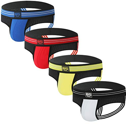 JOKDEILY Men's Jockstrap Athletic Supporters 4-Pack Mesh Cotton Breathable Active Underwear(Multi, L(31-33))
