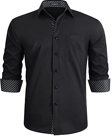 Herren Schwarz gestreiftes Hemd Langarm Business Regular Fit Hochzeit Work Party Button-Down-Hemden