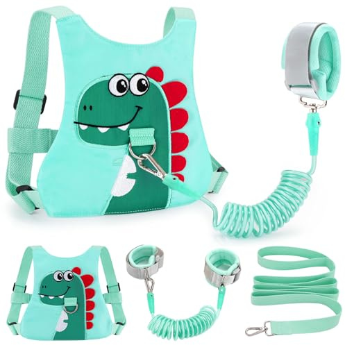 Toddler Leash-Baby Walking Safty Harness and Child Anti Lost Wrist Link for Girls/Boys Travel (Light Green, Dinosaur)