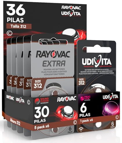 36 Baterías para Audífonos Medida 312 PR41 Marrones Zinc Aire Phono Pulse Technology en 6 Blíster de 6 Pilas 36 Baterías 30 Rayovac + 6 Udivita