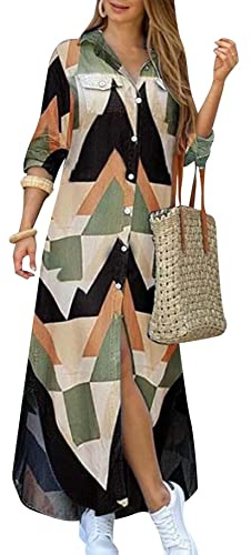 YMING Femme Robe Boutons Robe Chemise à Manches Longues Robes Décontractée avec Poche Triangle 3XL