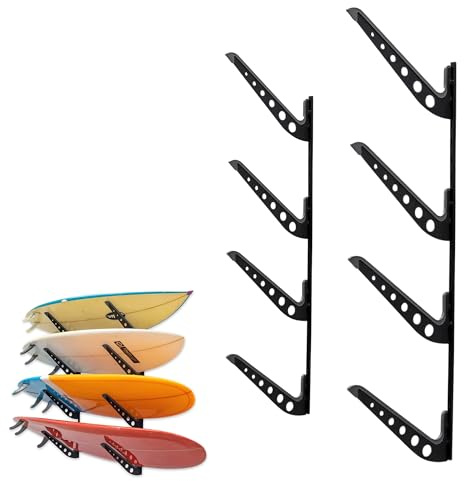 StoreYourBoard Adjustable Surfboard Storage Rack, 4 Board Wall Mount Display, Black