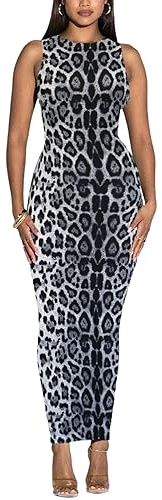 Sumche Women's Summer Long Bodycon Dress - Casual Leopard Print Basic Club Party Sleeveless Tank Sheath Dresses Grey S, Leopard-grey, S