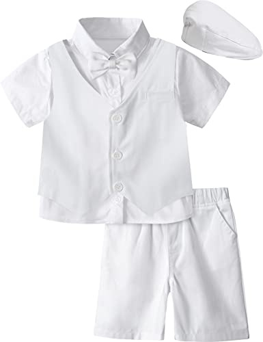 A&J DESIGN Baptism Outfits for Boys Christening Wedding Formal Dedication Blessing White Suit with Newsboy Cap 5-6 Years