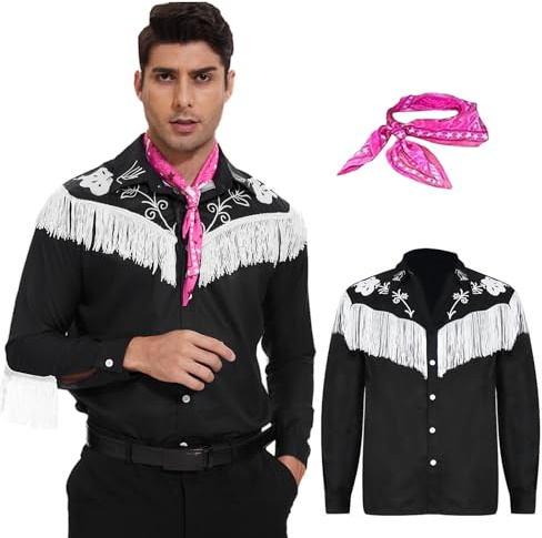 AJGEGJE Costume da cowboy da uomo, camicia western a maniche lunghe con frange e sciarpa per Halloween e cosplay, Nero , XL