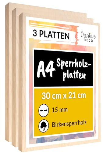 Creative Deco 3 x A4 Plywoodskivor | 300 x 210 x 15 mm (+/- 2mm) | Baltisk Björkträskikt | Perfekt för Pyrografi, Laserskärning, CNC-router, Modellering, Bandverk, Rullsåg