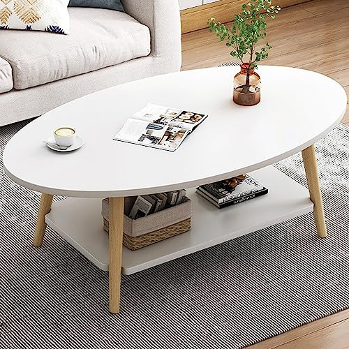 Anmas Power Couchtisch, doppelschichtig, aus Holz, 100 x 40 x 40 cm, Dicke der Platte: 15 mm, oval, weiß, mit Beinen aus Kiefer, für Wohnzimmer und Wohnung