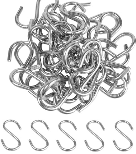 AUXBC 48PCS 1.2 Inch 304 Stainless Steel S Hooks, Heavy Duty M2 Hanging Hooks Mini S Shaped Hangers, Curtain Hanging Connectors S Shaped Utility Hooks