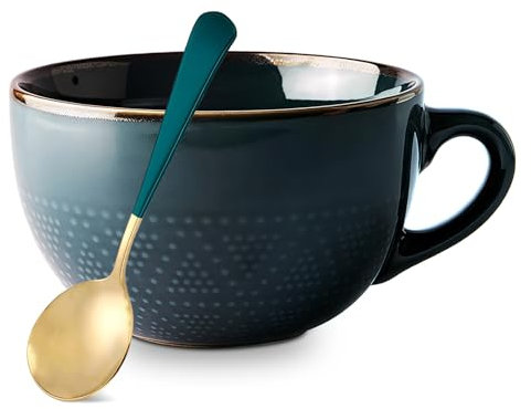 Sporgo Groß Kaffeetasse mit Griff: 700 ml Suppentassen Keramik Tasse Frühstückstasse, Suppenschüssel Müslischalen Teetassen, Salat Schale für Kaffee, Tee, Müsli, Milch und Desserts (Mit Löffel)