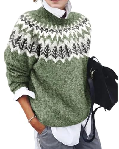 Women's Boho Fair Isle Pattern Long Sleeve Crewneck Sweater Lightweight Cozy Fall Winter Knitwear Pullover Tops