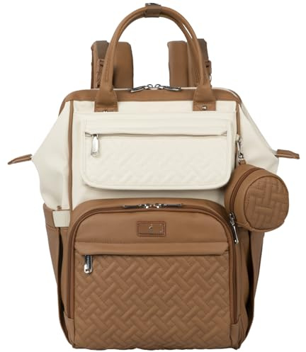 BabbleRoo Grand sac à dos à langer multifonctionnel en cuir végétalien avec matelas à langer, sangles de poussette et porte-tétine pour bébé, voyage unisexe pour mamans et papas, crème caramel
