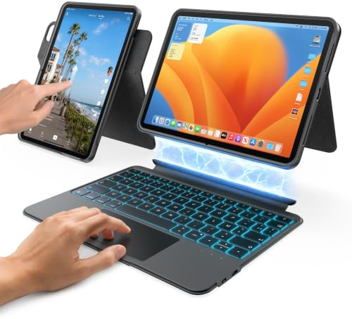 HOU Étui pour iPad A16 & iPad 10e génération avec Clavier, Étui Pivotant et Détachable, Porte-Stylet Élastique, Protection Complète, Rétroéclairage 7 Couleurs, Trackpad Multi-Touch, Noir