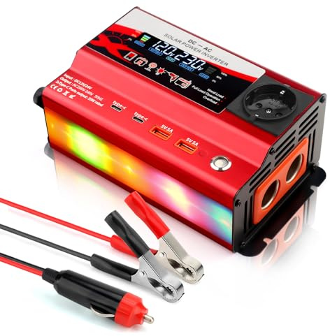 WODHMIEY 600W Kfz Wechselrichter 12V/24V auf 230V – Auto Spannungswandler mit 1 Steckdose, 2 USB, Type-C & Zigarettenanzünder, LCD-Display, Ambientebeleuchtung – für Camping, Reisen, Wohnmobil & LKW