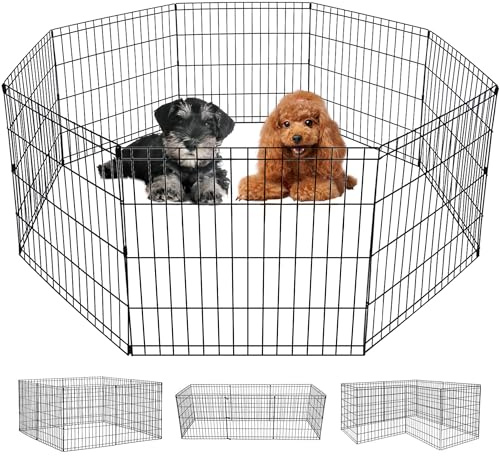 FDW 24 Inch Dog Pen 8 Panel Dog Playpen Indoor Outdoor Metal Puppy Pet Fence Portable Folding Animal Exercise Fence,Black