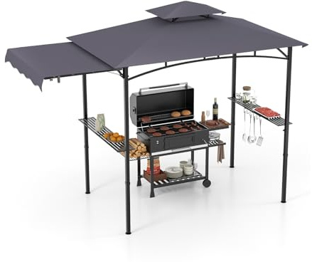 GOPLUS Grillpaviljong, grillpaviljong med sidomarkis, dubbeltak, 2 hyllor, 6 krokar och flasköppnare, grillskydd väderbeständig, BBQ paviljong för utomhus trädgård gård, 326 x 153 x 250 cm (mörkgrå)