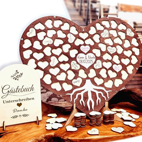 Neamon Libro de visitas de boda de madera, forma de corazón, libro de visitas alternativo, cumpleaños, bautizo, graduación, decoración, rompecabezas de madera con 83 corazones de madera, 1 rotulador