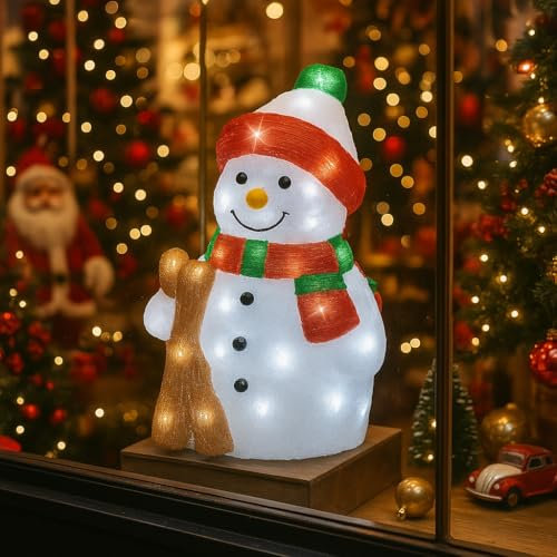 Addobbo Natalizio Pupazzo di Neve Luminoso da Esterno con 50 LED Bianchi Fissi, Figura Decorativa Natalizia, Effetto Neve e Magia Invernale 38cm - Varzi dal 1956