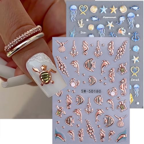 Auiremrti 2 piezas pegatinas de arte de uñas de verano, tema oceánico, pegatinas de uñas, diseño de uñas con adhesivo automotriz, accesorios para uñas azul-dorado para mujeres