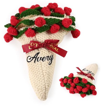 Presentimental Manta Personalizada para Mujer con Nombre Manta con Ramo de Flores Tejida a Ganchillo Chal Regalo para Cumpleaños, Día de la Madre, San Valentín (Rosa roja)