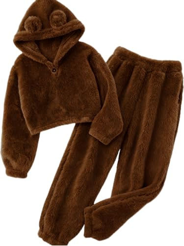 Lifepushes Girls 2 Piece Outfits Fuzzy Long Sleeve Bear Ear Hoodie Sweatshirt and Pants Set Girls Clothing Sets
