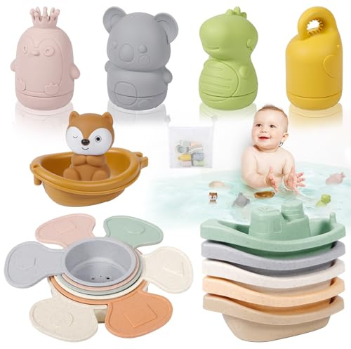 SaiXuan Jouet de Bain Bébé 17 Pièces – 4 Jouets de Bain en Silicone, 6 Gobelets d’Empilage, 5 Bateaux, 1 Barque avec Renard & Filet 37×47 cm – Jouet Bain Bébé pour Baignoire & Douche