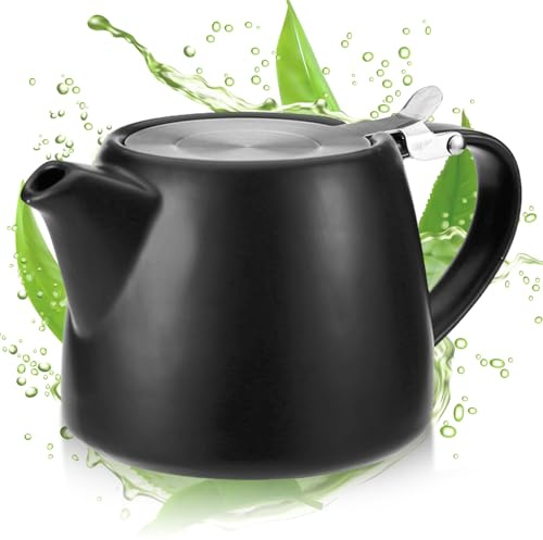 Tetera con filtro de 500 ml, tetera de cerámica negra con colador de acero inoxidable extraíble, tetera de porcelana para té suelto y bolsitas de té