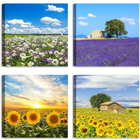 LuxHomeDecor Set di 4 quadri 30x30 cm - stampa su tela con telaio in legno – Campi di fiori: lavanda, girasoli, margherite e paesaggi rurali colorati
