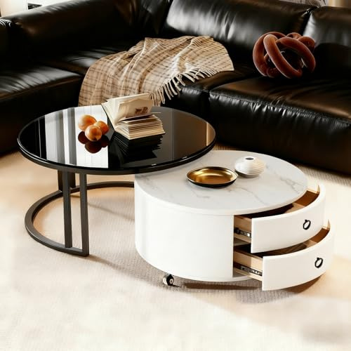 MJKCBD Coffee Table Set of 2, Stacking End Side Tables with Round Glass and Marble Top, Sofa Tea Table with Storage 2Drawers for Living Room Home Office, White