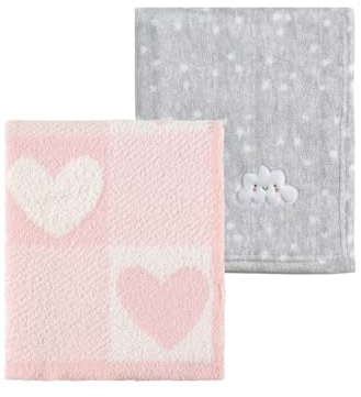 CREVENT 2 stycken 75 x 100 cm, mysiga mjuka varma babyfiltar för spädbarn och småbarn, barnsäng, barnvagn - Grå moln + Rosa hjärta stickmönster
