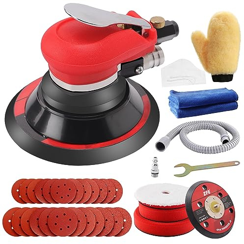 ZFE Random Orbital Sander 5 & 6 Pneumatic Palm Sander with Extra 5 Backing Plate, Sponge Polishing Pads, Sandpapers Low Vibration and Heavy Duty for Wood, Composites, Metal