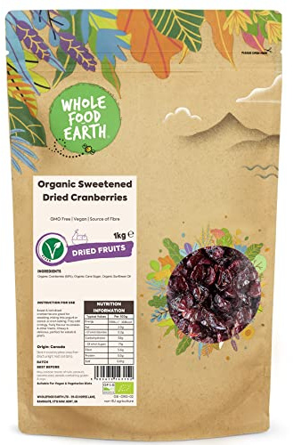 Wholefood Earth Organic Sweetened Dried Cranberries – 1 kg | GMO Free | Vegan | Source of Fibre | Certified Organic