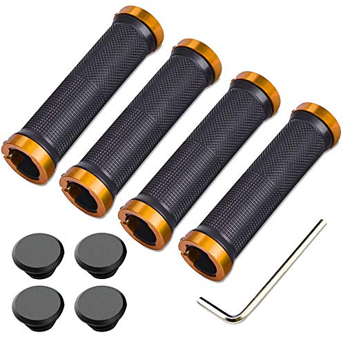Aiqeer 2 Pares Puños Bicicleta Montaña, Puños Manillar Goma Antideslizante Ergonomicos, Puños Manillar Bici Doble Bloqueo, Empuñadura BMX, Puños MTB, para Mango con Diámetro 22 mm (Dorado)