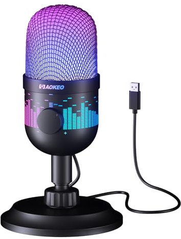 Aokeo Microphone USB, Micro de Jeu Plug and Play pour PC, Mac, PS4/5, Microphone baladodiffusion avec RVB, Silencieux, Moniteur, réduction du Bruit, Gain de Volume, idéal pour l'enregistrement, Le