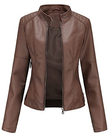 Giacca da motociclista da donna, taglia 20/18/16, giacca da donna in pelle PU slim fit, giacca da motociclista sottile, cappotto corto per autunno e primavera, Caff, S