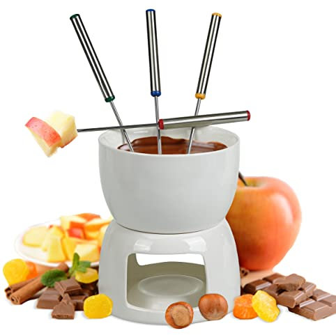 Oramics Schokofondue Set aus Porzellan mit 4 Fondue Gabeln – einfach mit Teelicht erwärmen und genießen – Schokoladenfondue Teelichtfondue Schokofondant Anlass (Porzellan)