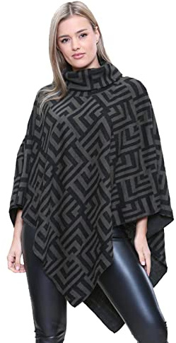 LavishFashionTown Italian Ladies Lightweight Hi Neck Multiway Check Print Poncho Winter Shawl and Wrap Lagenlook Knitted Quirky Cape Women Cardigan Jumper Plus Size Khaki