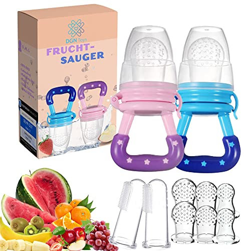Fruchtsauger Set für Baby ab 4 Monate BPA Frei | Fruchtschnuller | Helfer für Jede Mutter |Obstsauger | Gemüsesauger |mit 3 Größen |sowohl für Babys als auch Kleinkinder | 2 sauger |(Rosa/Blau)